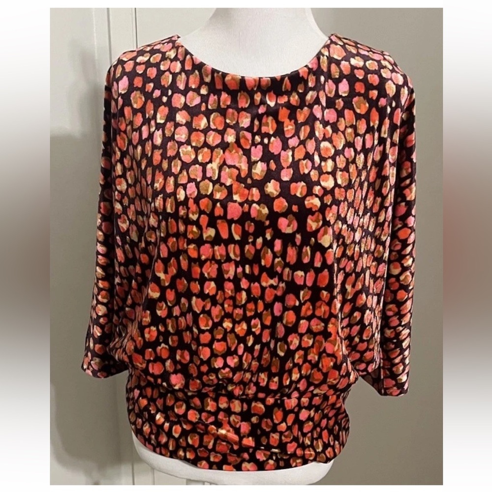 Chico's Velvet Spots Banded Bottom Top, 3/4 Sleeve, Women's Sz 2 L, New with Tag